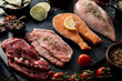 © Nehomar Hernandez/ADDICTIVE STOCK - Flat lay of proteins surrounded by spices and seasonings on table