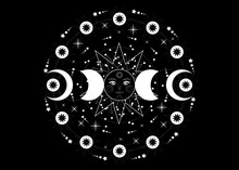 Triple Moon, Pagan Wiccan Goddess Symbol, Sun System, Moon Phases, Orbits Of Planets, Energy Circle. Sacred Geometry Of The Wheel Of The Year, Vector Isolated On Transparent Black Background