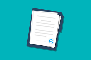 Poster - Documents papers. Contract. Folder with stamp and text. Folder and stack of white papers of agreements document with signature and approval stamp. Concept of paperwork. Simple, flat design