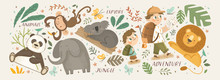 Animals In The Jungle And Explore. Vector Cute Illustrations Of Children's Adventure, Explorations, Panda, Koala, Lion, Elephant, Giraffe, Monkey And Kids Travelers.
