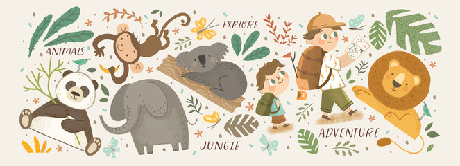 Animals in the jungle and explore. Vector cute illustrations of children's adventure, explorations, panda, koala, lion, elephant, giraffe, monkey and kids travelers.
