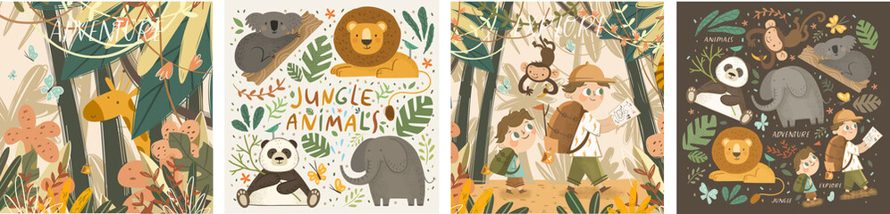 animals in the jungle and explore. vector cute illustrations of children's adventure, explorations, 