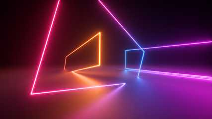 Poster - 3d render, abstract neon geometric background. stage laser show illumination. colorful rectangular s