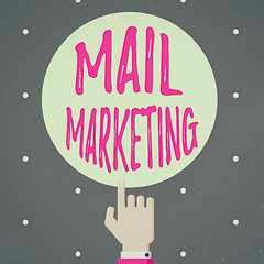 Poster - Conceptual hand writing showing Mail Marketing. Concept meaning Act of sending a commercial messages Broadcast sense Hand Pointing up Index finger Touching Solid Color Circle