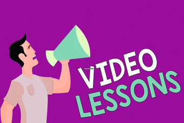 Poster - Text sign showing Video Lessons. Business photo showcasing Online Education material for a topic Viewing and learning Man in Shirt Standing Talking Holding a Megaphone Male Calling Out onto