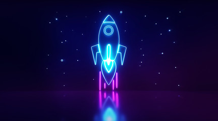 Startup digital neon, rocket launch and stars light with background dark. Business or project startup banner concept.