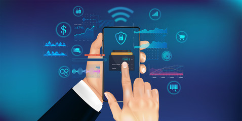 Aufkleber - Mobile phone payment concept with NFS technologies. High payment security. Wireless cash transaction technology. Smartphone in hand with futuristic interface. Vector illustration NFS in HUD style