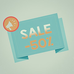 Wall Mural - Text sign showing Sale 50 Percent. Business photo text A promo price of an item at 50 percent markdown Megaphone Shouting Broadcasting in a circle and Tilting Blank Folded Strip