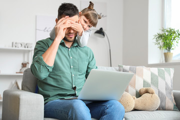 Sticker - Little daughter keeping father from his work at home