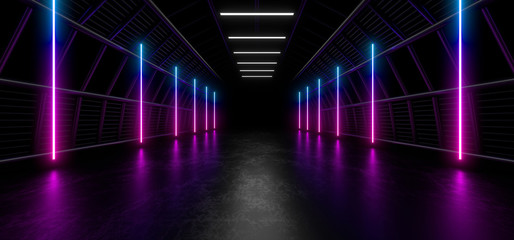Wall Mural - A dark tunnel of pipes illuminated by colored neon lights and lamps. Blurred reflection on the floor. 3d rendering image.