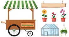 Set Of Gardening Items With Flowers And Greenhouse