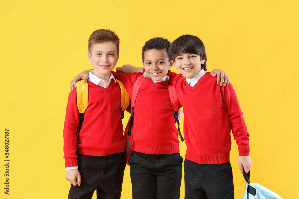 Cute little pupils on color background