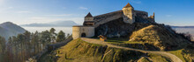 Aerial Drone Panoramic View Of Historical Fortress In Risnov Or Rasnov. Romania