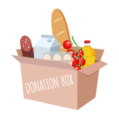 Box with different food and products for help. Support social care, volunteering and charity concept. Cartoon flat vector illustration isolated on white background.