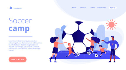 Sticker - Kids learning to play soccer with balls on the field in summer camp, tiny people. Soccer camp, football academy, kids soccer school concept. Website homepage landing web page template.