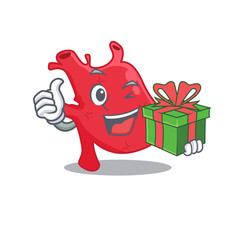 Poster - Smiling heart cartoon character having a green gift box