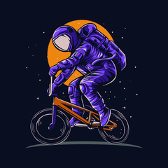 Wall Mural - astronaut riding bmx bike on space with moon background vector illustration design