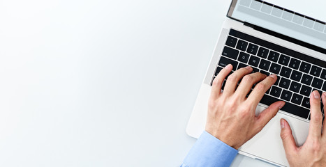 Aufkleber - Top view of laptop with blank display. Close up of businessman using laptop. White background.