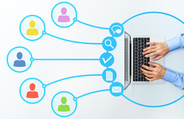 Aufkleber - Telework and network technology. Online business communication. Top view of businessman using laptop.