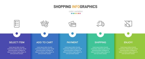 Concept of shopping process with 5 successive steps. Five colorful graphic elements. Timeline design for brochure, presentation, web site. Infographic design layout.