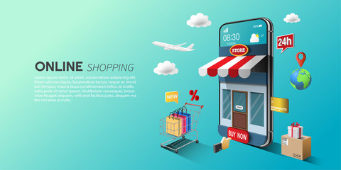 Wall Mural - Online shopping concept, digital marketing on website and mobile application, the storefront on a smartphone screen, open 24 hours and offer home delivery service.