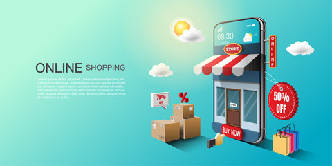 Wall Mural - Online shopping concept, digital marketing on website and mobile application, the storefront on a smartphone screen, open 24 hours and offer home delivery service.