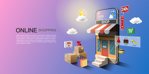 Wall Mural - Online shopping concept, digital marketing on website and mobile application, the storefront on a smartphone screen, open 24 hours and offer home delivery service.