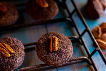 Baked chocolate chip cookies on an artistic background.