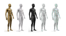 3d Illustration Of The Figure Of A Male Mannequin For A Shop Window Of A Fashion Boutique. Side View. Male Realistic Plastic, Glass And Metal Standing Mannequin For Clothes.