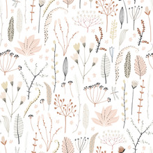 Cute Seamless Pattern With Flowers, Branch, Leaves. Vintage Background. Creative Childish Texture For Fabric, Wrapping, Textile, Wallpaper, Apparel. Vector Illustration.
