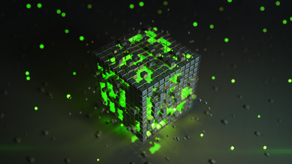 Wall Mural - Futuristic cube with glowing green elements 3D rendering