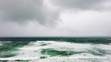 Stormy Weather At The Shore, Large Coastal Waves, Cloudy Sky, Slow Motion Static