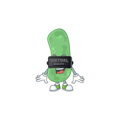 Sticker - A cartoon mascot of enterobacteriaceae enjoying game with Virtual reality headset