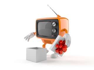 Sticker - Retro TV character with open gift