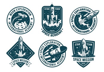 Wall Mural - retro space badges set. astronaut emblems with launch rocket vintage pack. vector illustration.