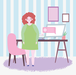 Canvas Print - working remotely, woman standing room with computer desk books plant