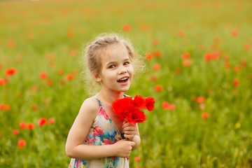 Wall Mural - Beautiful child picking flowers in poppy field