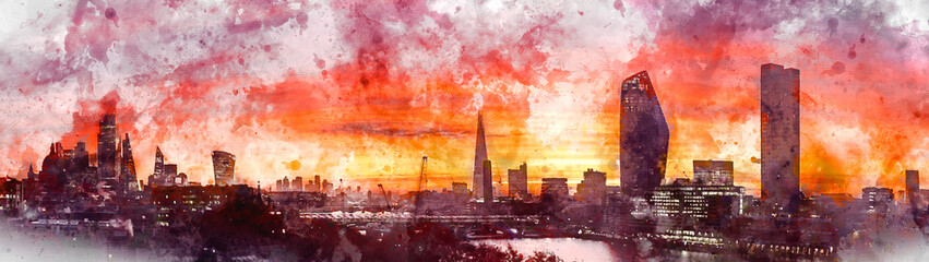 Epic dawn sunrise landscape cityscape over London city sykline looking East along River Thames