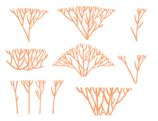 Wall Mural - Set of orange coral seaweeds silhouettes flat vector illustration isolated on white background