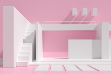 Leinwandbilder - Minimal style of architectural building with staircase and structure blocks on pastel color background, Abstract geometry element with shade and shadow. 3D rendering.