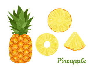 Wall Mural - Pineapple set. Whole pineapple and slices isolated on a white background. Vector illustration of tropical fruit in cartoon flat style.
