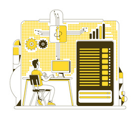 Poster - Data center thin line concept vector illustration. System administrator, technician 2D cartoon characters for web design. Server maintenance, mainframe upkeep, hosting service creative idea