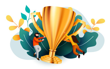 people flying around golden giant champion cup. winner, teamwork or success concept.