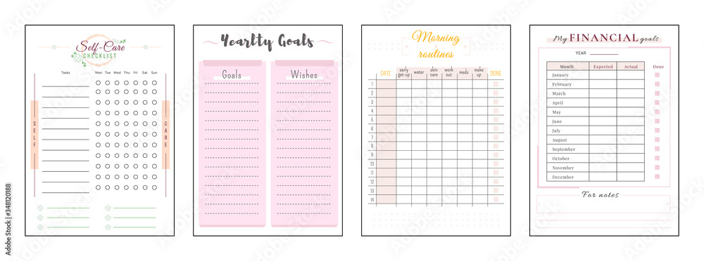Yearly resolution minimalist planner page set. Self care checklist. Goals and wishes. Finance management. Cute pink personal organizer printable sheet layout. Vertical insert for diary - obrazy, fototapety, plakaty 