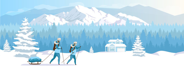 Poster - Ski resort holiday flat color vector illustration. Winter vacation. Skiing activity. Snow mountains landscape. 2D cartoon characters with snowy peaks and coniferous forest on background