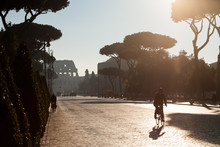 Urban Landscape In Rome (Italy): A Person Commuting By Bike With The Coliseum In The Background