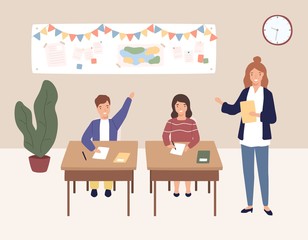 Poster - Girl and boy pupils sitting on desks at classroom during lesson vector flat illustration. Active male kid raising hand answering to teacher question. Smiling children at elementary school