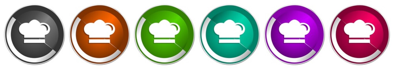 Poster - Cook icon set, silver metallic chrome border vector web buttons in 6 colors options for webdesign