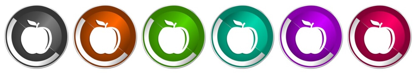 Fototapete - Apple icon set, silver metallic chrome border vector web buttons in 6 colors options for webdesign