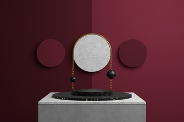 Poster - 3D rendering abstract vacant product stand. Steps made of black and white marble on a concrete base, a gold metal arch, a dark, light red background with round elements. Copy space, geometric concept.